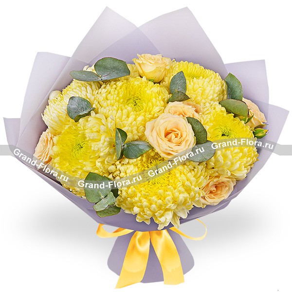 Имбирный чай - букет из желтых хризантем и роз